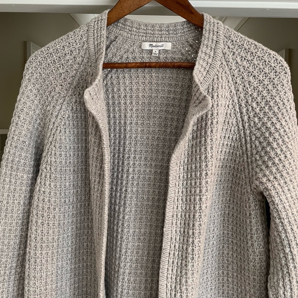 Madewell Waffle Stitch Long Sweater Cardigan Coat Pockets Gray/Silver Wool Blend - Picture 4 of 16